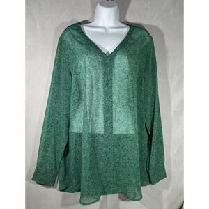 Cabi Womens Bountiful Blouse Size Large Green Long Sleeve Sheer V-Neck 5208